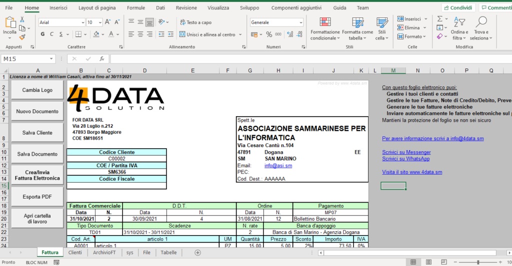 Schermata del software Excel 4Fatture